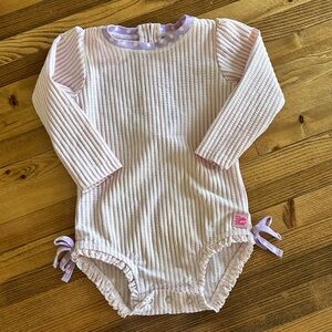 Ruffle Butts Pink Ribbed Long-Sleeve One-Piece with Lavender Trim